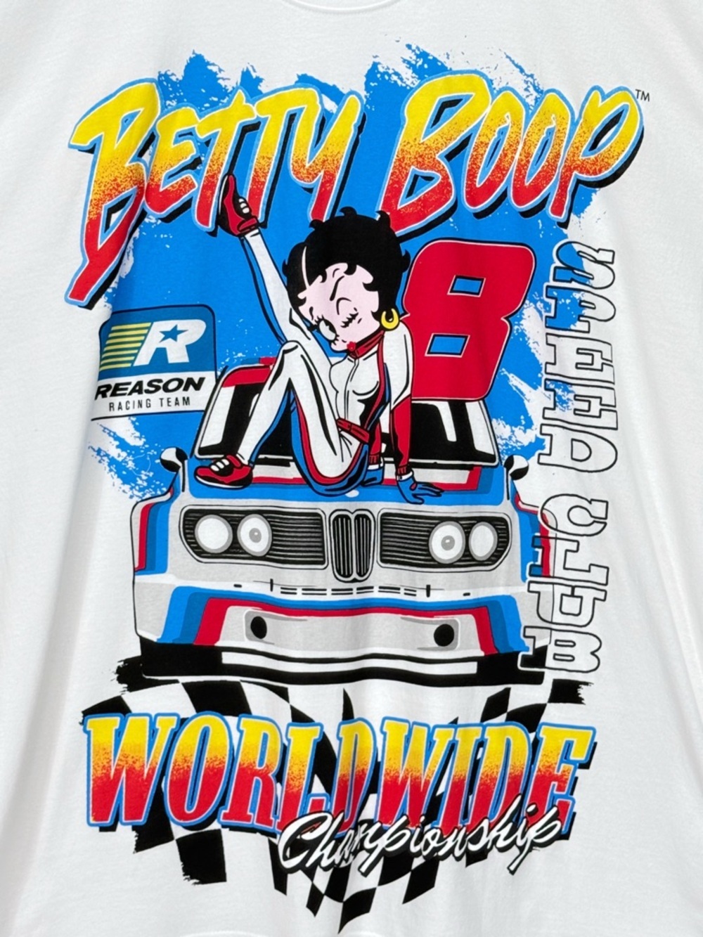 Reason Betty Boop Graphic Tee XL White Racing Car Worldwide Championship Y2K - Picture 6 of 8